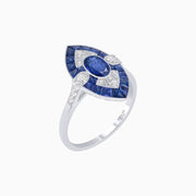 Art Deco Inspired Oval Cut Center Ring with Calibré-Cut Gemstone Navette Halo - Shahin Jewelry